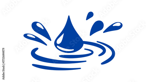 Blue water droplet creating ripples and splashes on a white background, symbolizing purity and freshness.