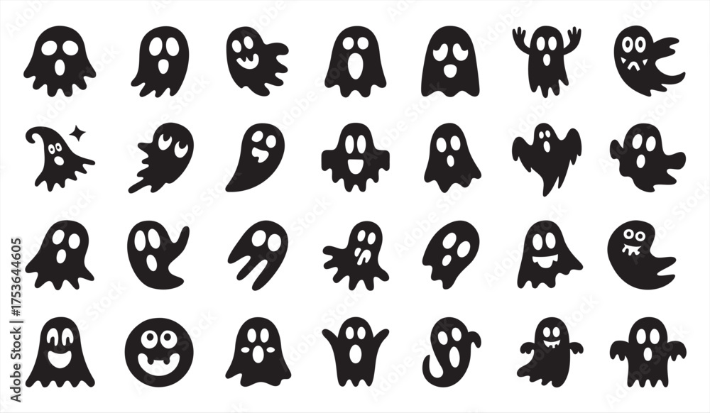 Fototapeta premium Black ghost icons with different shapes, faces, and poses on a white background, cartoonish collection, Halloween design