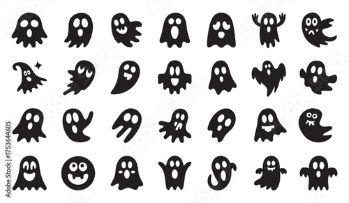 Black ghost icons with different shapes, faces, and poses on a white background, cartoonish collection, Halloween design