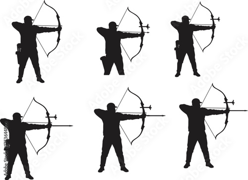 Archery silhouettes, archer stance, bow and arrow, athlete motion, target sport, precision aim, shooting pose, recreation scene, vector design
