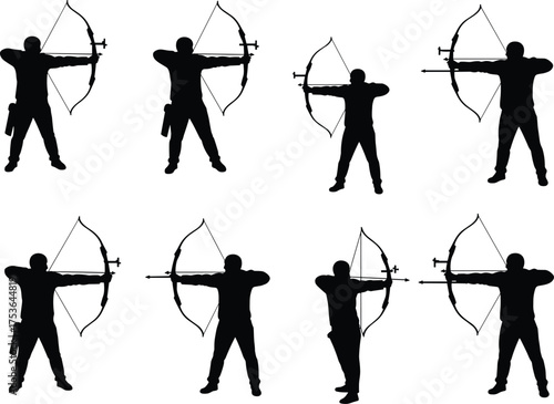 Archery silhouettes, archer stance, bow and arrow, athlete motion, target sport, precision aim, shooting pose, Olympic training, vector illustration