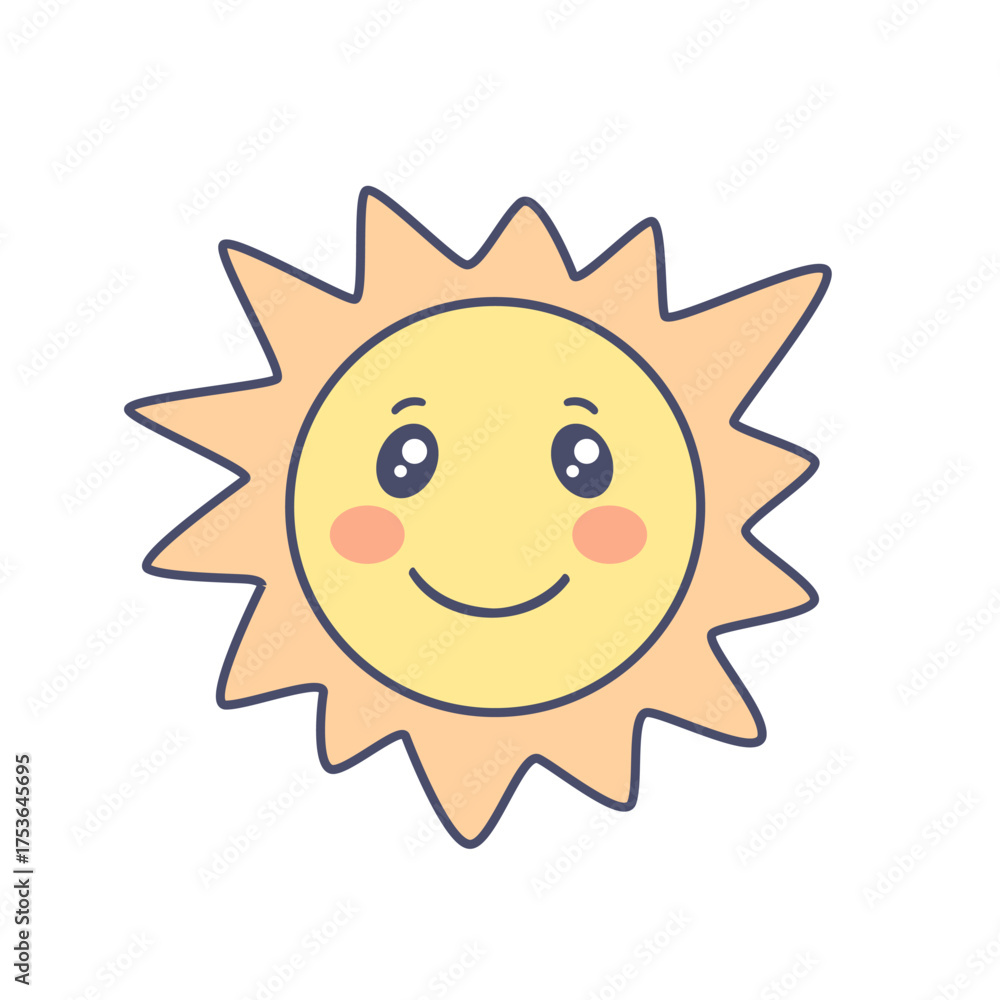 Obraz premium Cute and cheerful sun illustration with a smiling face, perfect for children's summer-themed designs.