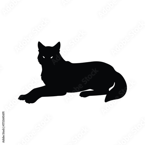 Silhouette of a Wolf Resting on a White Background with Glowing Eyes, wolf lying down silhouette vector illustration