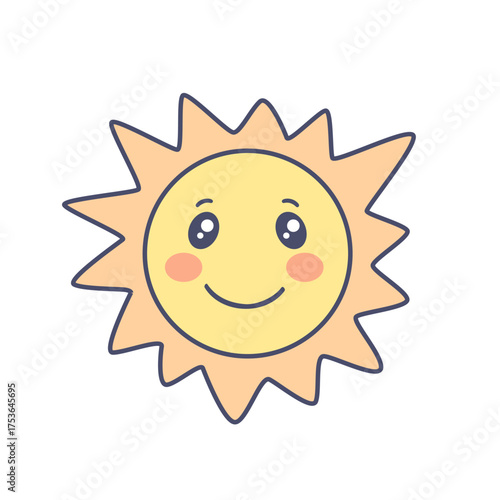 Cute and cheerful sun illustration with a smiling face, perfect for children's summer-themed designs.