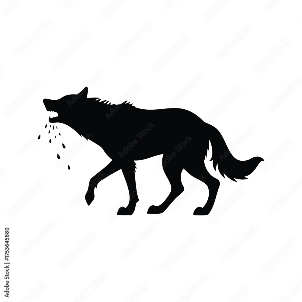 Fototapeta premium Silhouette of a howling wolf walking with a bloody muzzle on a white background, wolf shaking off water silhouette vector illustration