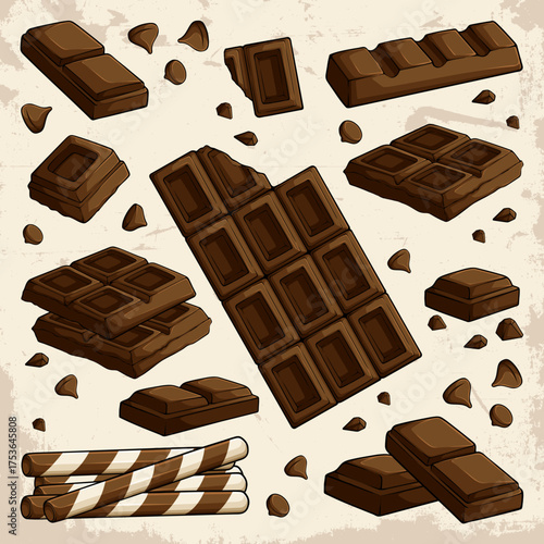 Hand-Drawn Chocolate Bars and Pieces Collection Vector, Sweet Cocoa Dessert Illustration with Chocolate Chunks and Sticks for Packaging, Menu, and Recipes
