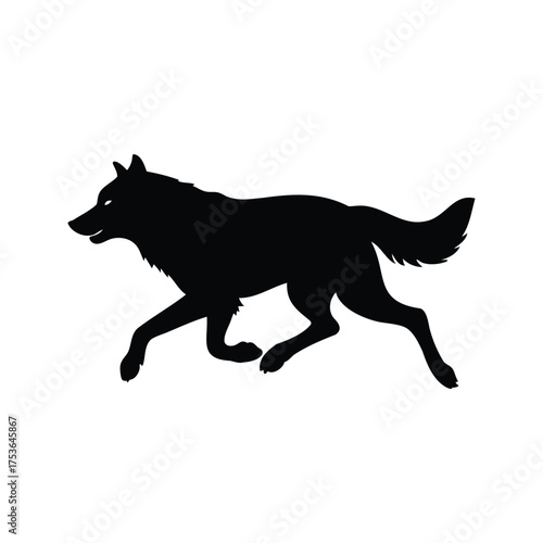 Black silhouette of a wolf in running position, isolated on white background, wolf running silhouette vector illustration