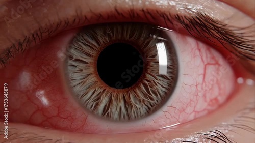 A macro close-up of a bloodshot human eye, showing an irritated red sclera and detailed brown iris texture. The pupil is dark.