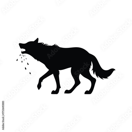 Silhouette of a howling wolf walking with a bloody muzzle on a white background, wolf shaking off water silhouette vector illustration
