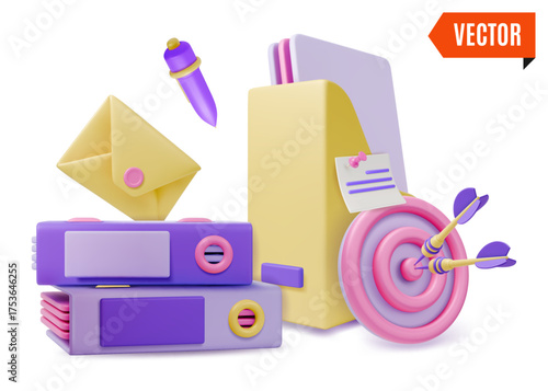 3d Ring Binder Folder with Documents, Dart Hit and Mail Envelope Office Concept Cartoon Design Style. Vector illustration