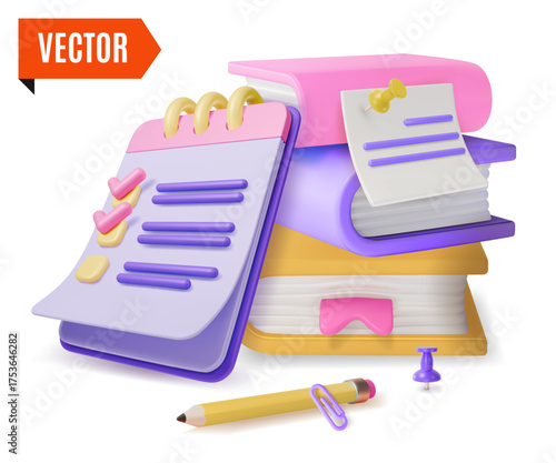 3d Pile of Books, Paper on Clipboard and Pencil Concept Cartoon Design Style. Vector illustration