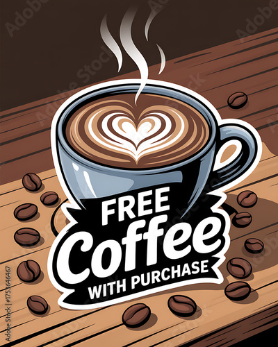 A steaming cup of coffee with latte art in the shape of a heart and the text free coffee with purchase surrounded by coffee beans