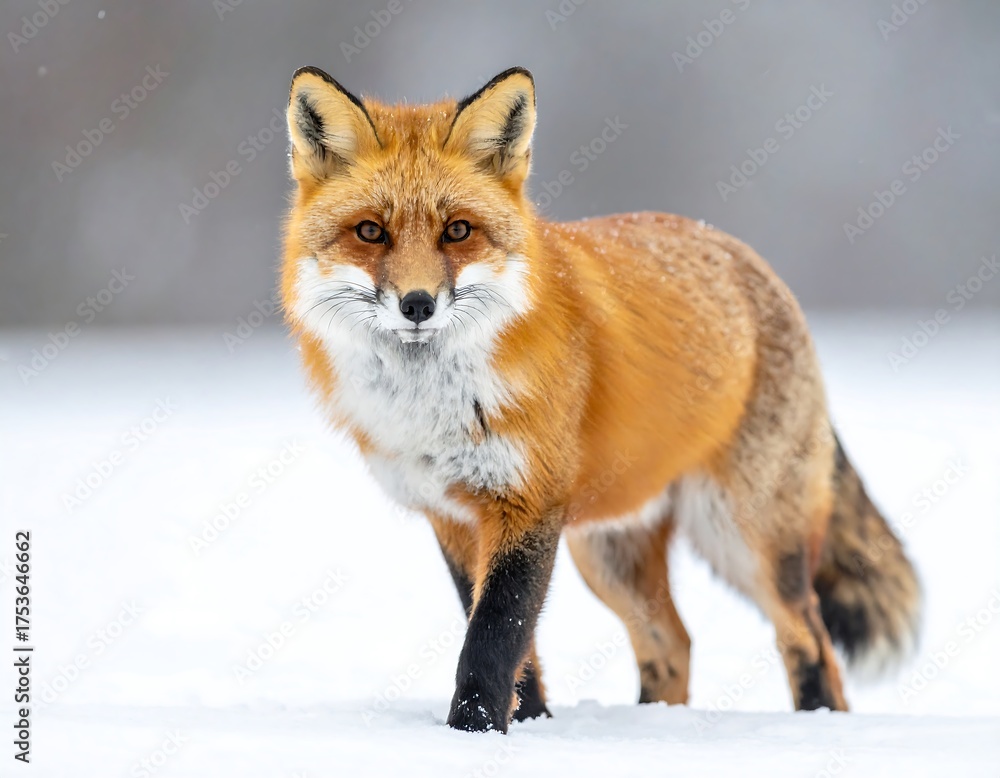 Fototapeta premium A stunning close-up captures a vibrant red fox in a snowy environment, facing the viewer with a focused gaze