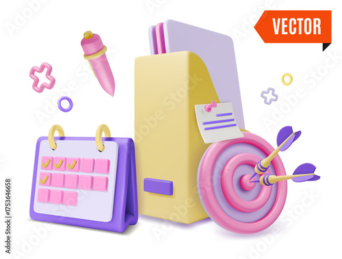 3d File Holder Binder Folder, Calendar and Target Goal Office Concept Cartoon Design Style. Vector illustration