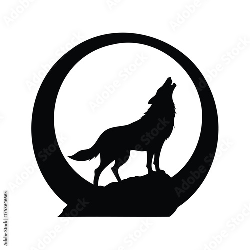 Black silhouette of howling wolf on a rock with moon shaped background, wolf with full moon silhouette vector illustration