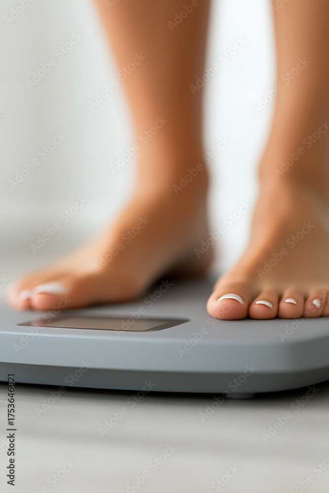 Fototapeta premium Woman's feet on a scale. The focus is on the bare feet with polished toenails, emphasizing health, wellness, and measurement. Focus on the screen showing the numbers.