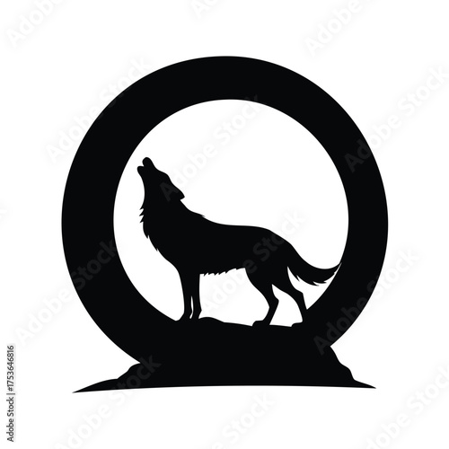 Howling wolf silhouette within a black ring on a rock formation, wolf with full moon silhouette vector illustration