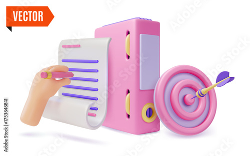 3d Target Goal, File Holder, Document and Human Hand Holding Pen Concept Cartoon Design Style. Vector illustration