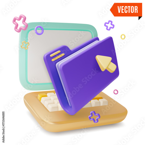 3d Folder in Front of Laptop Organize and Storage Data Concept Cartoon Design Style. Vector illustration