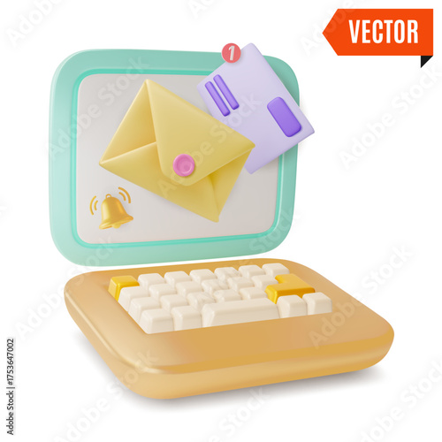 3d Color Laptop Monitor Display and Mail Notification Social Network Concept Cartoon Design Style. Vector illustration