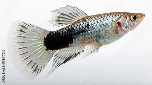 Realistic Molly fish (Poecilia sphenops) with shiny silver and black scales and flowing fins, swimming gracefully, isolated on a clean white studio background, detailed freshwater fish portrait, sharp