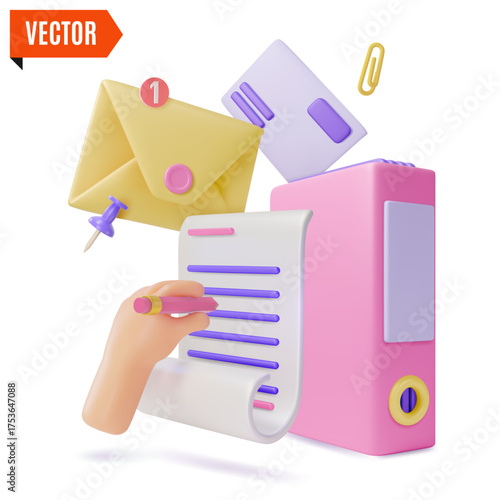 3d Mail Notification, File Holder, Document and Human Hand Holding Pen Concept Cartoon Design Style. Vector illustration