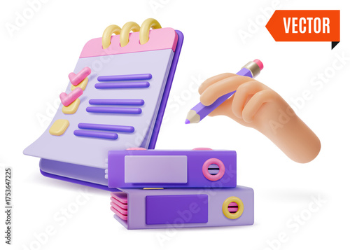 3d Ring Binder Folder, Checklist and Human Hand Holding Pen Concept Cartoon Design Style. Vector illustration