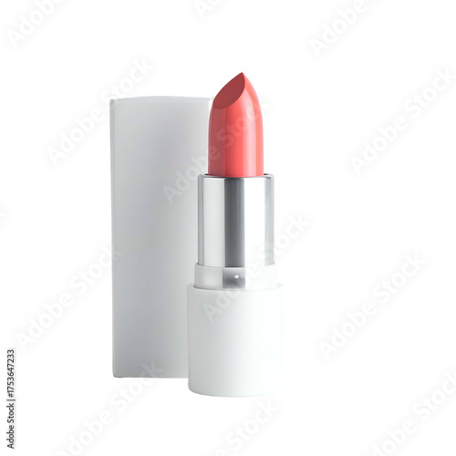 A coral lipstick stands next to its white tube. Against a dark background, studio shot