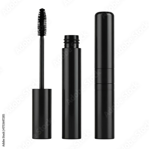 A beauty shot showing a black mascara tube with wand extended, open, and with the cap