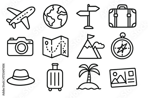 Travel icons representing adventures around the world with maps, compasses, and luggage designs