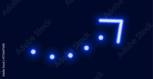 A glowing neon arrow pointing upward and to the right following a series of circles representing a data chart or progress.