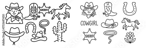 Cowgirl themed doodles featuring hats, boots, horses, and cacti capturing the spirit of the Wild West