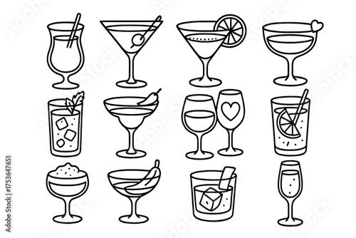 Cocktail collection featuring various drink styles and glass types in a simple outline design
