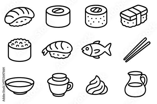 Creative sushi illustrations showcase various types of sushi rolls and accompaniments in a clean and simple style