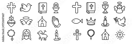 Collection of religious symbols including crosses, doves, and prayer hands in simple line art style