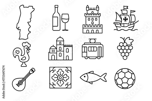 Various symbols representing Portuguese culture featuring food, landmarks, and traditional items in a creative design