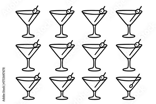 Multiple martini glasses arranged in a neat grid, showcasing a classic cocktail presentation