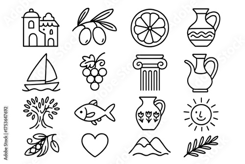 Decorative illustrations capturing elements of nature, architecture, and daily life in a Mediterranean themed design