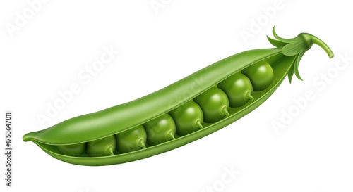 Isolated Fresh Green Pea Pod, Six Peas in Pod, Vegan Protein Source, Healthy Food