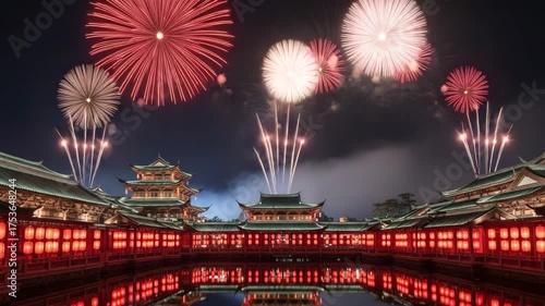 Traditional chinese architecture illuminated by lanterns and fireworks at night