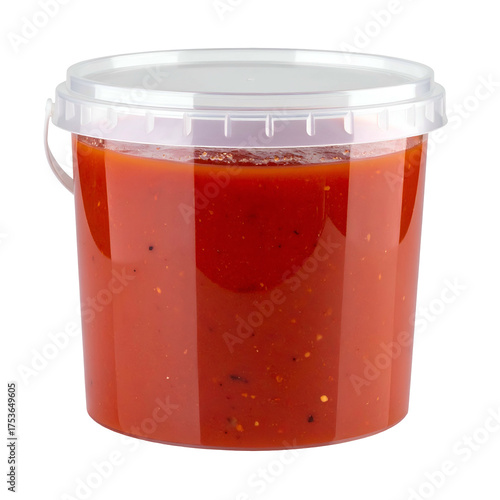 A clear plastic bucket filled with a vibrant red sauce, sealed with a matching lid