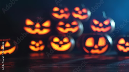 Spooky Halloween Pumpkins Glowing in the Dark - A Festive Display.