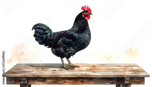 A stately rooster, rendered in watercolor style, stands confidently on a rustic wooden table against a clean white background