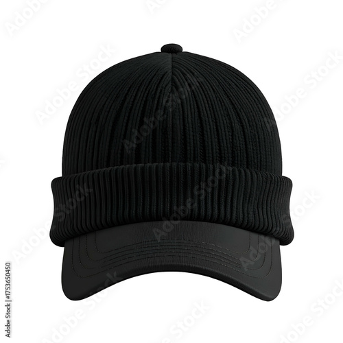 A close-up view shows a black cap with a knit crown and a rigid, flat brim