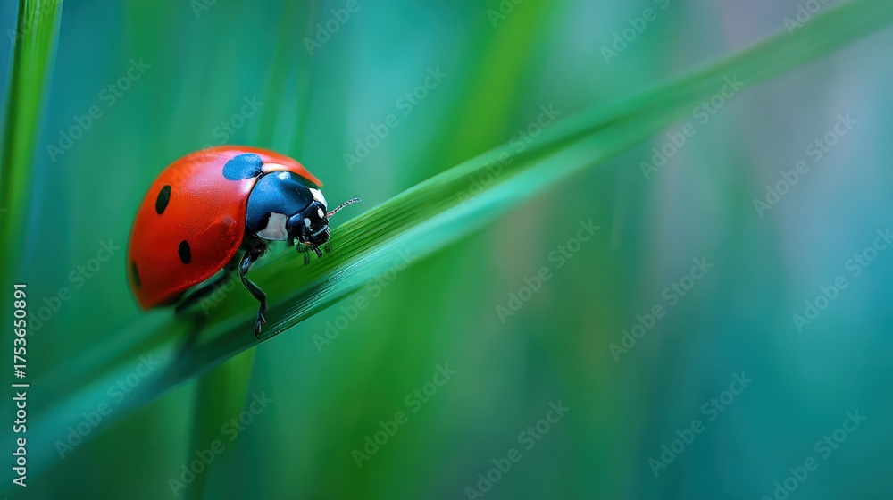 Obraz premium Close up of vibrant ladybug on blade of grass in nature