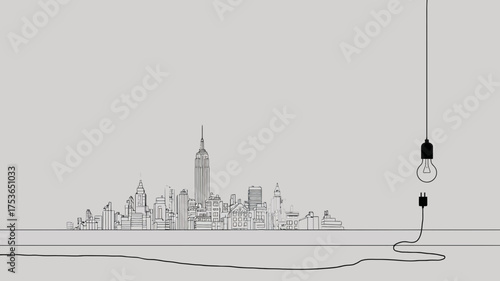 Conceptual line art of a modern city skyline and a hanging light bulb, symbolizing ideas, innovation, and urban development.