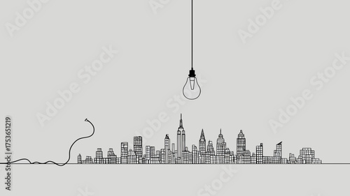 Conceptual line art cityscape with a hanging light bulb, symbolizing urban ideas, innovation, creativity, and progress in design.