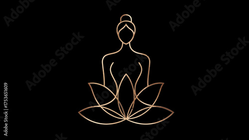 Minimalist golden line art of a person meditating in a lotus yoga pose, symbolizing wellness, spirituality, and inner peace on a black background.