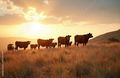 Wallpaper Mural Cattle herd on dry grass field at sunset. Cows and calves stand in tall, brown grass on a hill. Rural farm scenery in Australia during summer. Torontodigital.ca