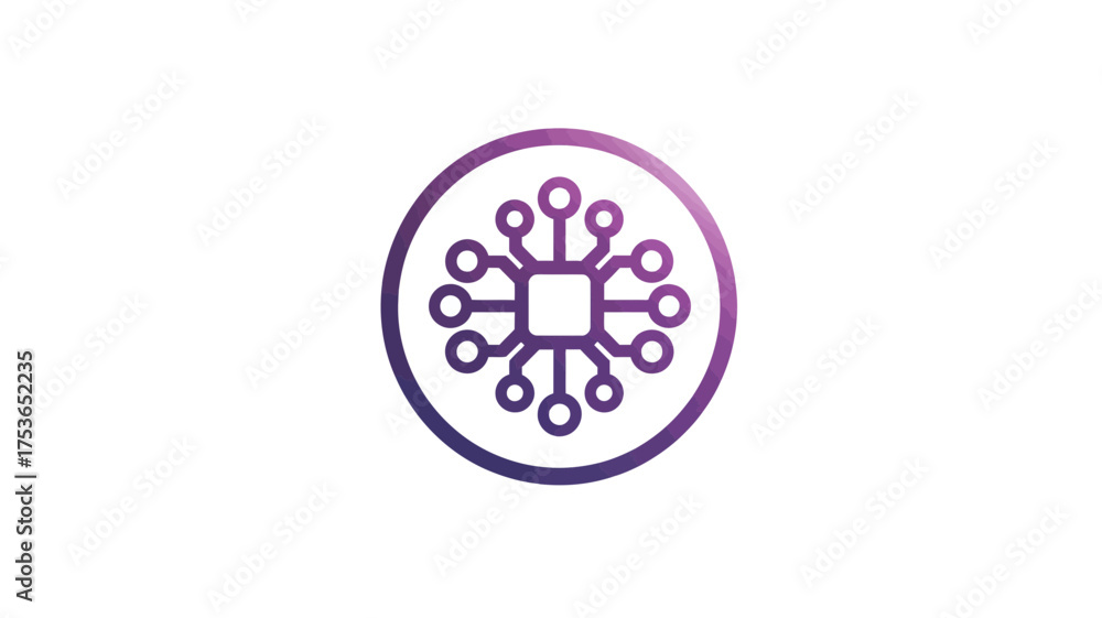 Obraz premium Modern AI processor chip network icon with purple gradient. Digital technology, data processing, computing, and global connectivity concept.